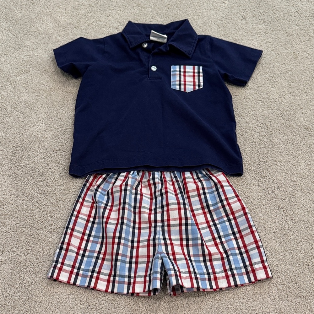Stitchy Fish Navy Polo with Plaid Chest Pocket